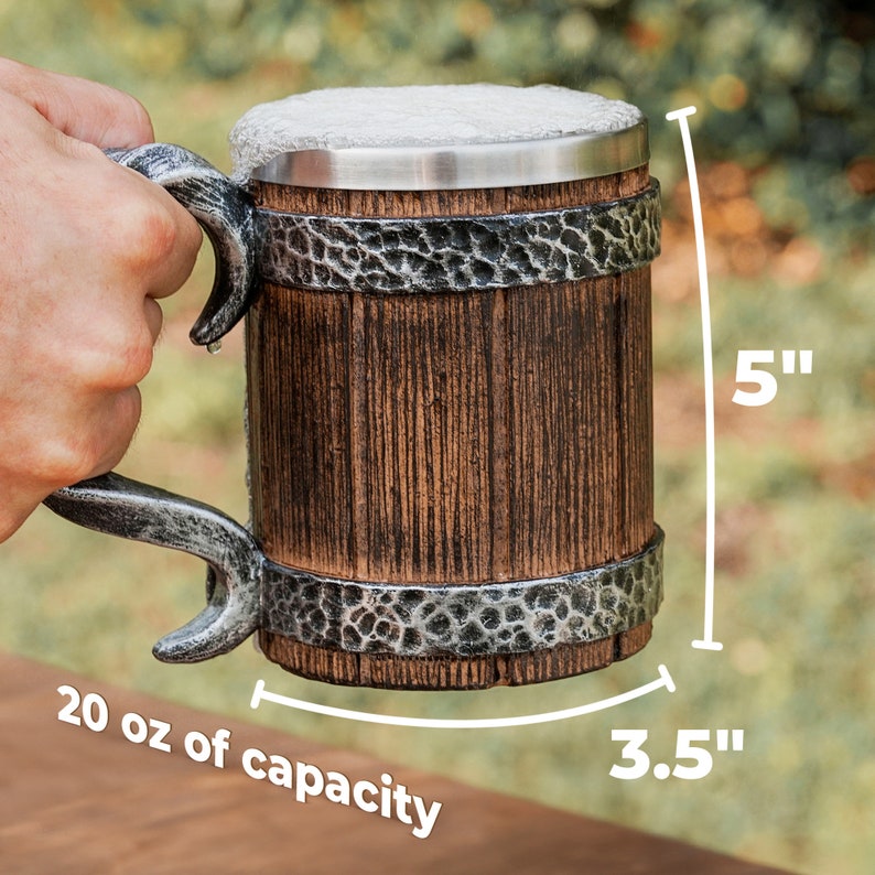 Stainless Steel Beer Tankard 20 oz Tavern Style Mug for Hot or Cold Drinks Imitation Wood & Iron Bild 5