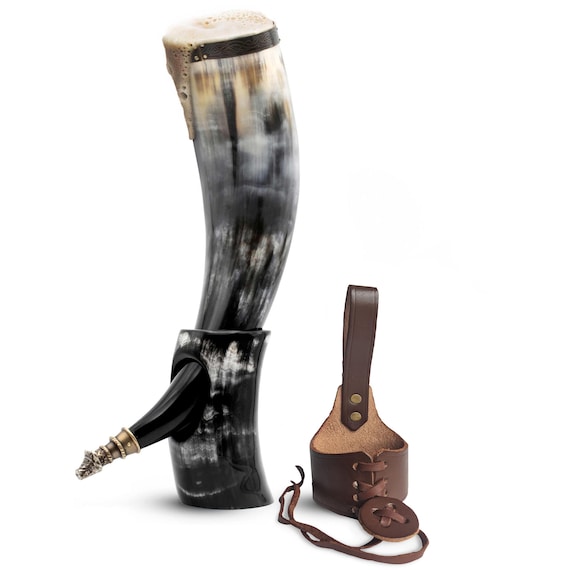 Viking Drinking Horn with Fitted Stand & Genuine Leather Belt Holster - Multiple Sizes  Options