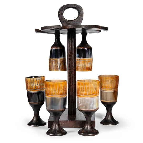 Handcrafted Viking Horn Goblet Set (Set of 6) - with Fire-Blackened Wooden Stand