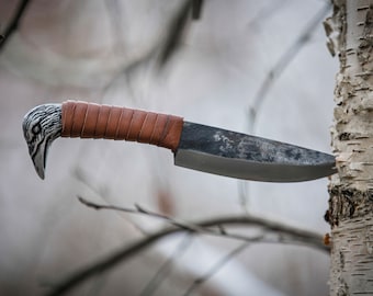 Viking Knife With Raven's Head Hilt & Leather Sheath - 5.5" Carbon Steel Sharp blade - Utility and Hunting Knife