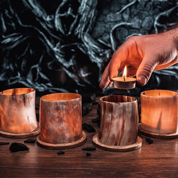Genuine Ox-Horn Candle Holder Cups with Tealight Candles Included - Set of (4)