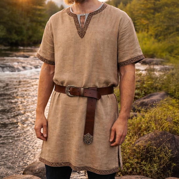 Loom-Woven Linen Viking Tunic: Norse Reenactment Attire - Long-sleeve and Short-sleeve Options