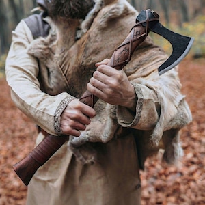Forged Viking Axe: 24" Teakwood Handle with Carbon Steel Bearded Axe Head - Functional Replica with Working Edge Blade