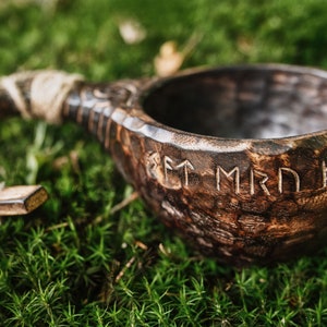 Handcarved Wooden Kuksa Cup - Scandinavian Bushcraft Bowl for Camping and Survival - 11 oz Viking Inspired Design with Twine Carrying Loop