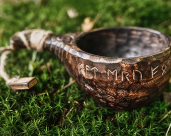 Handcarved Wooden Kuksa Cup - Scandinavian Bushcraft Bowl for Camping and Survival - 11 oz Viking Inspired Design with Twine Carrying Loop