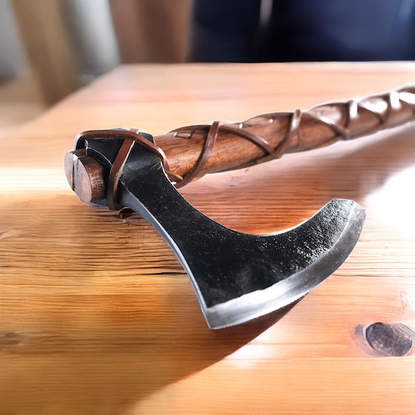 Hand Forged Viking Battle Axe: 24" Teakwood Handle with Carbon Steel Bearded Axe Head - Functional Replica Norse Weapon