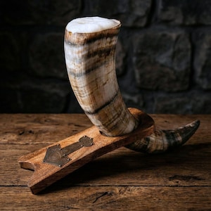 Handcrafted Viking Drinking Horn with Thor's Hammer Stand: Food Safe Ox Horn