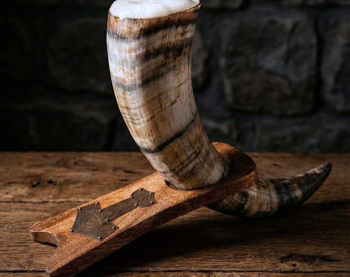 Handcrafted Viking Drinking Horn with Thor's Hammer Stand: Food Safe Ox Horn