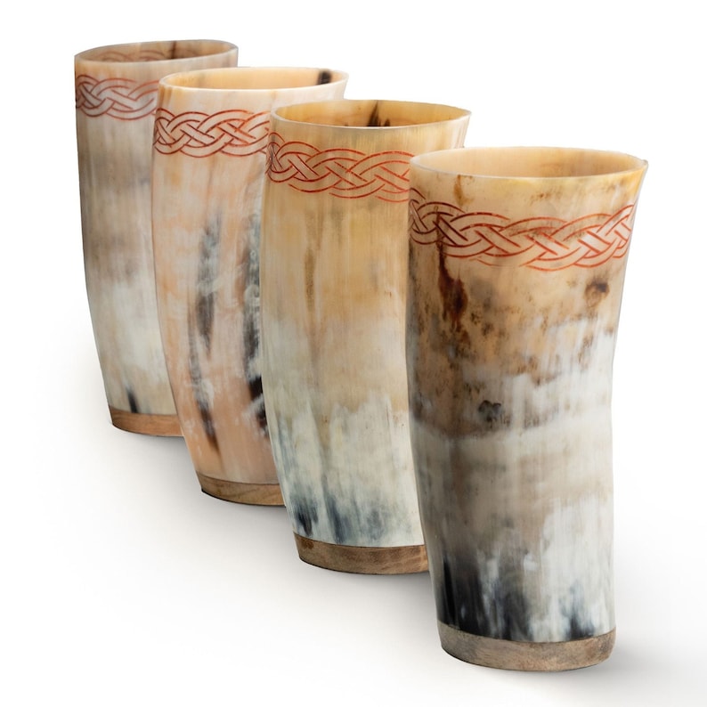 Genuine Ox Horn Viking Cups (Set of 4): Celtic Knot Engravings (12 oz each)