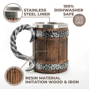 Stainless Steel Beer Tankard 20 oz Tavern Style Mug for Hot or Cold Drinks Imitation Wood & Iron Bild 2