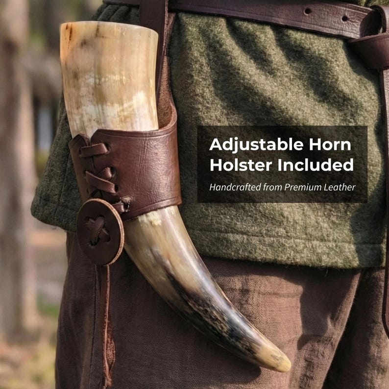 Viking Drinking Horn with Fitted Stand & Genuine Leather Belt Holster - Multiple Sizes Options - Pick Your Color image 2