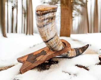 Handcrafted Viking Drinking Horn with Wooden Stand | Multiple Options | Sanitized & Sealed for Food Safety | Features Thor's Hammer Placard