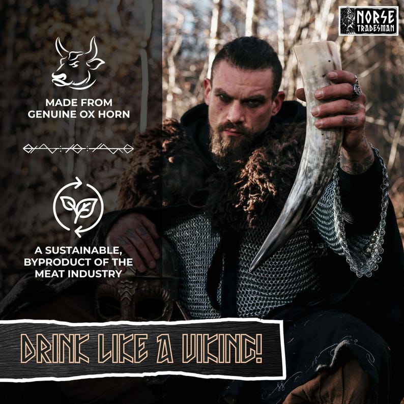 Viking Drinking Horn with Fitted Stand & Genuine Leather Belt Holster - Multiple Sizes Options - Pick Your Color image 3
