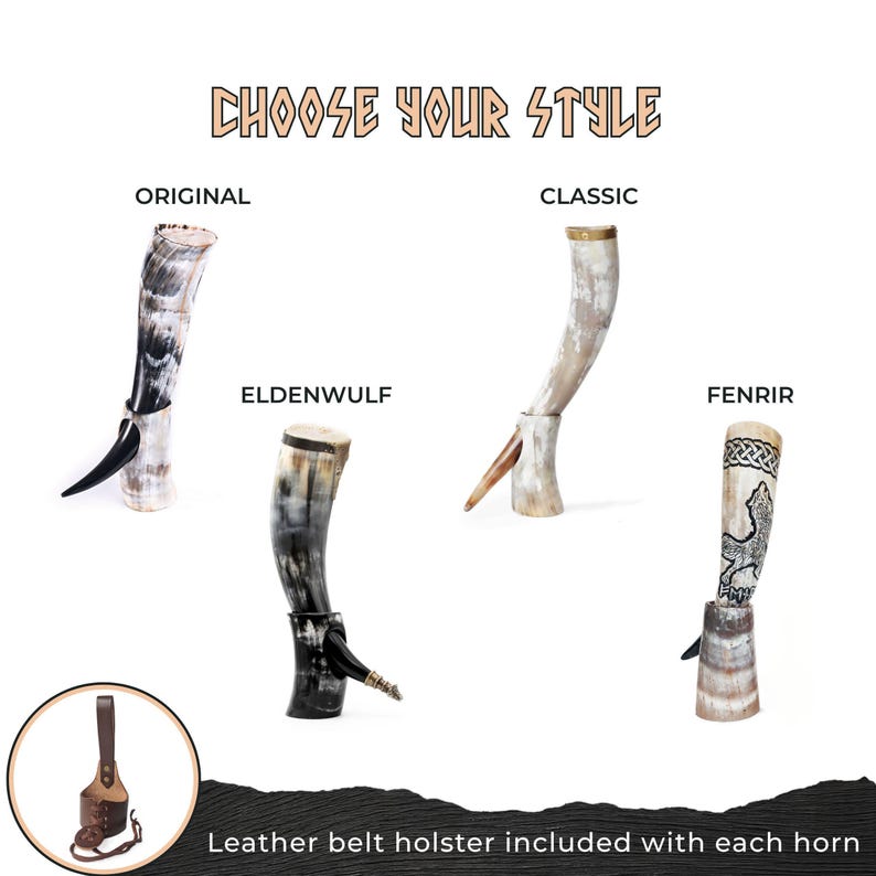 Viking Drinking Horn with Fitted Stand & Genuine Leather Belt Holster - Multiple Sizes Options - Pick Your Color image 6
