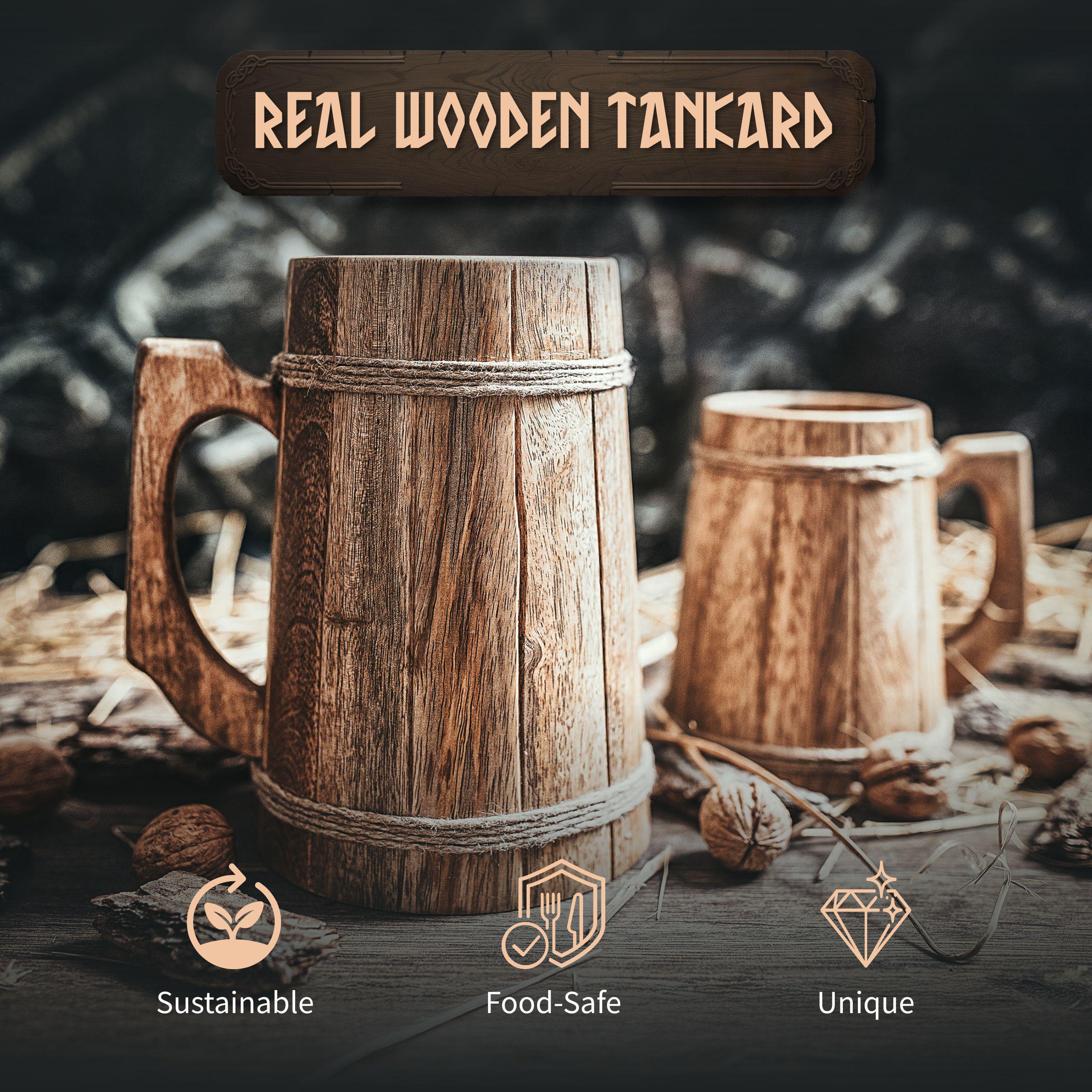 Norse Empire Wooden Beer Mug - 20oz Hand-Carved Mango Wood, Chainmail Pattern, Viking Stein, Food Safe Finish