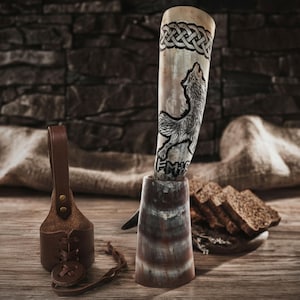 Viking Drinking Horn with Fitted Stand & Genuine Leather Belt Holster - Multiple Sizes Options - Pick Your Color image 1