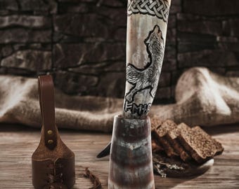 Viking Drinking Horn with Fitted Stand & Genuine Leather Belt Holster - Multiple Sizes  Options - Pick Your Color