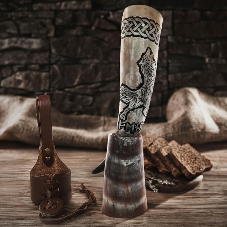 Viking Drinking Horn with Fitted Stand & Genuine Leather Belt Holster - Multiple Sizes Options - Pick Your Color image 1
