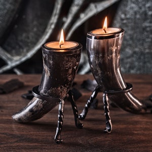 Genuine Ox-Horn Candle Sticks (2) with Tea Light Candles and Wrought Iron Stands Included