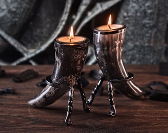 Genuine Ox-Horn Candle Sticks (2) with Tea Light Candles and Wrought Iron Stands Included