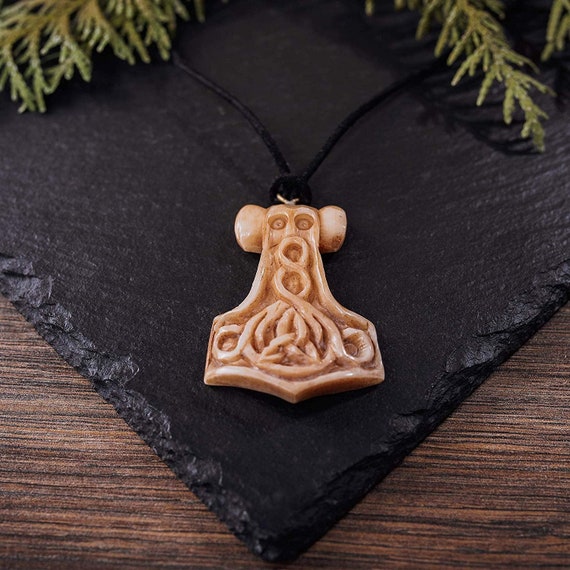 Thor's Hammer Genuine Ox Bone Pendant Necklace with Adjustable Leather Strap - Mjolnir Design - Handmade Norse Jewelry