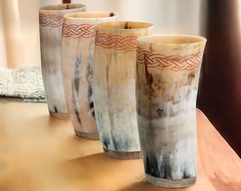 Genuine Ox-Horn Cups Set (4) - 12 oz Viking Cups with Celtic Knot Engravings and Burlap Gift Sack