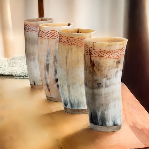 Genuine Ox Horn Viking Cups (Set of 4): Celtic Knot Engravings (12 oz each)