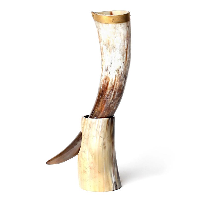 Viking Drinking Horn with Fitted Stand & Genuine Leather Belt Holster - Multiple Sizes Options - Pick Your Color Classic, Light Horn
