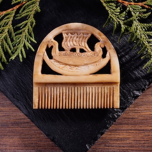 Handcrafted Ox Bone Beard Comb: Drakkar Viking Longship Design