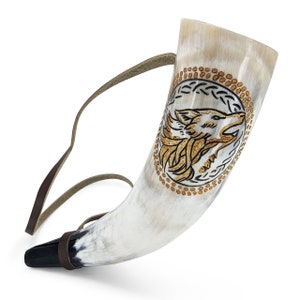 Genuine Viking Blow Horn: Authentic Ox Horn with Norse Wolves and Leather Carrying Strap