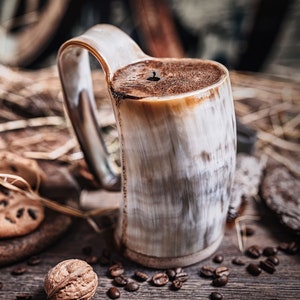 Viking Horn Coffee Mug | Norse Drinking Tankard for Hot and Cold Liquids | Handcrafted from Genuine Ox Horn | Medieval Style Collectors Item