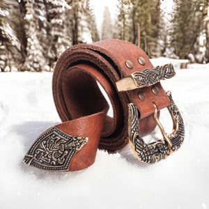 Viking Style Leather Belt with Brass Buckle and Tip - Premium Quality - Brown Buffalo Leather -  Viking Cosplay Accessories