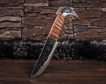 Hand Forged Viking Knife, Dagger, Blade, Hunting Knife - 5.5" Cutting Blade with Raven''s Head Hilt and Knife Sheath