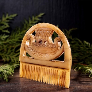 Handcrafted Beard Comb for Men Drakkar Viking Design Made from Ox Bone Beard Care and Grooming Medieval Wedding and Birthday Gift image 2