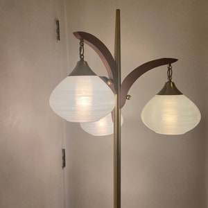 S O L D  - Mid Century Danish Teak Gold Tone Floor Lamp 3 Globe Hanging Lights