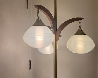 S O L D  - Mid Century Danish Teak Gold Tone Floor Lamp 3 Globe Hanging Lights