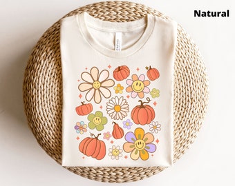 カボチャと花の T シャツ、花柄カボチャ シャツ、秋シーズン シャツ、ビンテージ秋シャツ、カボチャ T シャツ、秋シャツ、レディース秋シャツ。