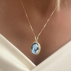 母と子の青いカメオネックレス、18Kゴールド、シルバースターリング、イタリア製、彼女への贈り物、聖母マリア、カメオネックレス、イエスネックレス