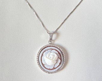 Cameo silver Necklace, handmade jewelry, rose theme cameo, unique wedding and anniversary gift, made in Italy