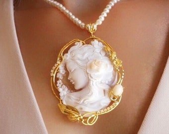 MTO Echte cameo sieraden ketting, Meisje met bloem gemaakt in Italië, zilver sterling 925, persoonlijk cadeau voor haar, bruidsbruiloft sieraden