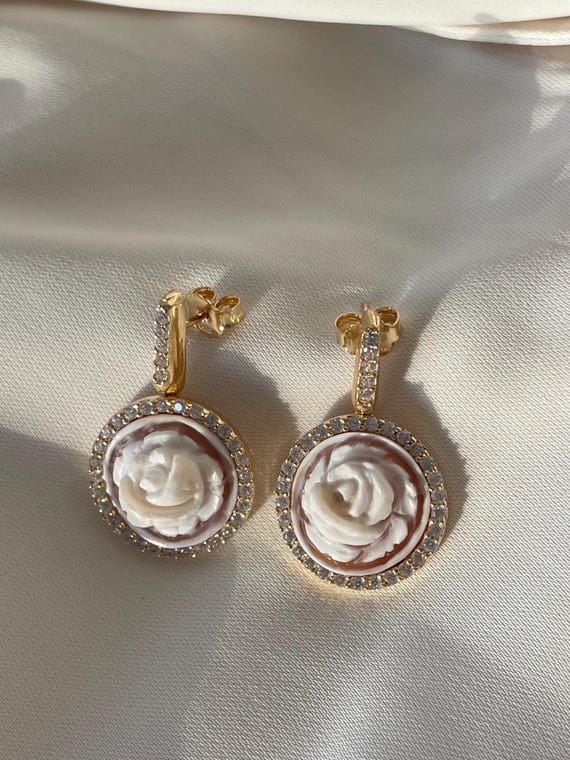 18kt Gold Drop Earrings, Cameo Earrings, Stud Earrings, Glam