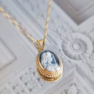 Blue cameo golden necklace, silver sterling, made in Italy, gift for her, agate cameo, bridal necklace, genuine Italian cameo, victorian image 1