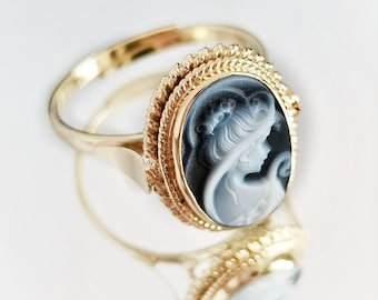 Blue cameo adjustable ring, golden silver sterling 925, gift for her, made in Italy, Mother of the bride, victorian style, gold cameo ring C