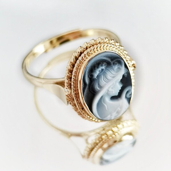 Blue cameo adjustable ring, golden silver sterling 925, gift for her, made in Italy, Mother of the bride, victorian style, gold cameo ring C