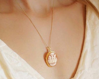 Cameo Jewelry, handmade gold necklace, unique wedding gift, made in Italy, three graces necklace, friendship necklace, Charites cameo, greek