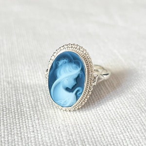 Blue cameo ring, adjustable band, silver sterling 925, gift for her, made in Italy, genuine Italian, cameo victorian style, agate cameo ring