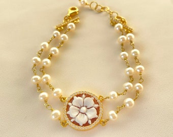 Bracelet de perles camées, bijoux faits main, cadeau d'anniversaire et de mariage, cadeau de demoiselle d'honneur, bracelet doré minimaliste, fabriqué en Italie