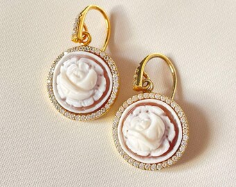 MTO Floral Cameo earrings, drop earrings, glam earrings, wedding, anniversary gift, made in Italy, custom gift for her, bridal jewellery