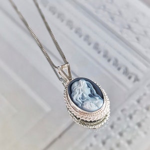 Collar de plata cameo azul, hecho en Italia, regalo personalizado para ella, ágata, joyería de boda, sensación victoriana y vintage imagen 5