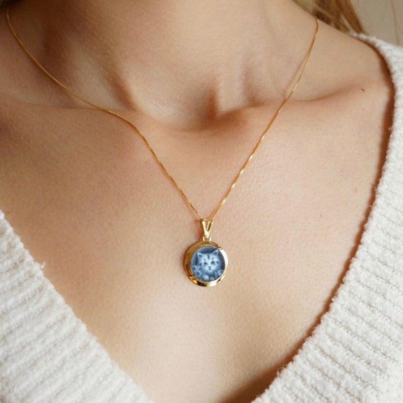 Collier bijoux camée, agate bleue, bijoux en argent minimalistes, fabriqué en Italie, cadeau unique fait main, thème chat image 1